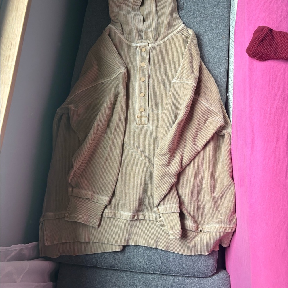 Beige Hooded Button-Up Sweater